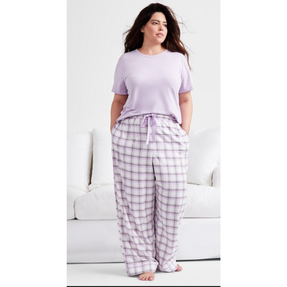 New State of Day Women's Size L Sunday Plaid White Purple Striped Pants Sleep